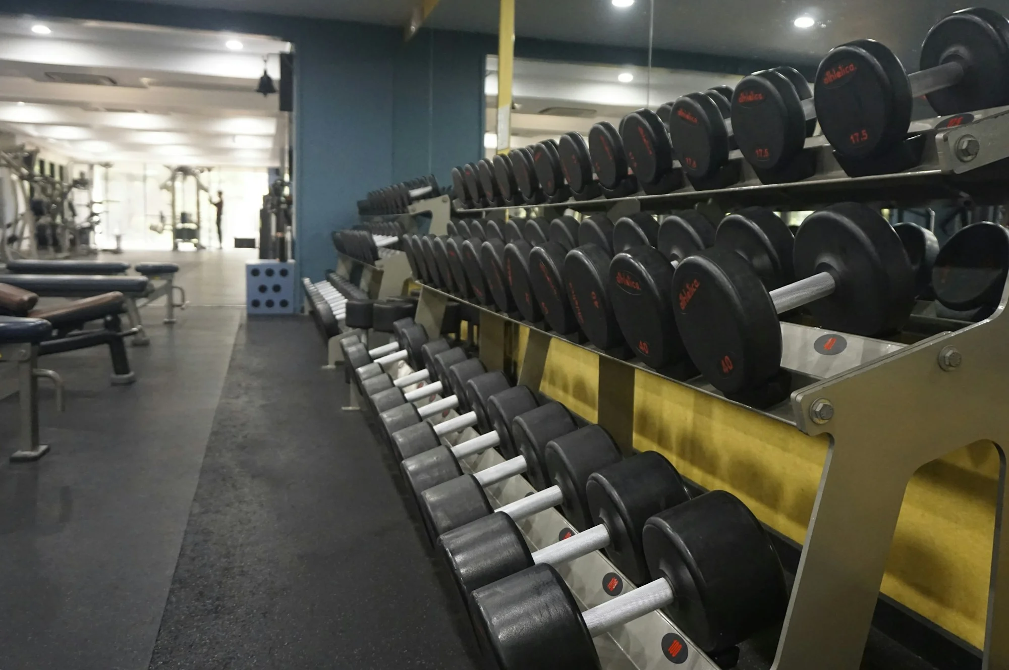 Haltères rangés dans une salle de musculation — photo d’illustration